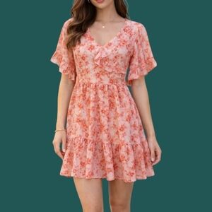 AGQT Flirty Coral Pink Watercolor Ruffle Mini Skater Dress Small